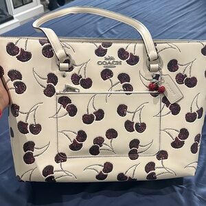 Coach Cream Leather Tote with Cherry print